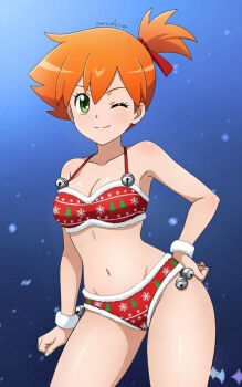 1girl ;) alexkonakona asymmetrical_hair bad_tag bell bikini blush breasts christmas cleavage clenched_hand closed_mouth eyelashes fur-trimmed_bikini fur_trim green_eyes groin hair_ornament hair_ribbon hand_on_own_hip jingle_bell looking_at_viewer medium_breasts misty_(pokemon) navel nintendo one_eye_closed one_side_up orange_hair pokemon pokemon_(anime) pokemon_(classic_anime) pokemon_rgby ponytail red_bikini red_ribbon red_swimsuit ribbon santa_bikini santa_costume short_hair side_ponytail smile snowflakes solo split_mouth standing swimsuit wink wrist_cuffs wristband
