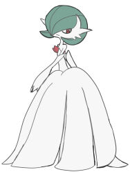 Rule 34 | 1girl, 3 (sangatu), bare shoulders, bob cut, closed mouth, colored skin, creatures (company), dress, elbow gloves, expressionless, female focus, flat chest, flat color, from side, game freak, gardevoir, gen 3 pokemon, gloves, green hair, hair over one eye, long dress, looking to the side, mega gardevoir, mega pokemon, nintendo, one eye covered, pokemon, pokemon (creature), red eyes, short hair, simple background, solo, strapless, strapless dress, white background, white dress, white gloves, white skin