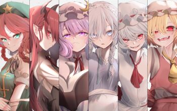 Rule 34 | 6+girls, apron, aqua eyes, ascot, bat wings, beret, black vest, blonde hair, blue eyes, blue hair, book, braid, braided sidelock, column lineup, commentary request, crescent, crescent hat ornament, demon girl, embodiment of scarlet devil, fangs, flandre scarlet, floating, floating book, floating object, frilled hat, frills, green hat, green vest, grey hair, hat, hat ornament, head wings, highres, hong meiling, izayoi sakuya, kararage tsune, koakuma, looking at viewer, maid, maid apron, maid headdress, mob cap, multiple girls, neck ribbon, orange hair, patchouli knowledge, pink eyes, pink hat, pointy ears, profile, purple hair, red ascot, red eyes, red hair, red skirt, red vest, remilia scarlet, ribbon, robe, shirt, siblings, sideways glance, simple background, sisters, skirt, skirt set, smile, star (symbol), star hat ornament, touhou, twin braids, undone neck ribbon, upper body, vest, white apron, white background, white hat, white robe, white shirt, wings, yellow ascot