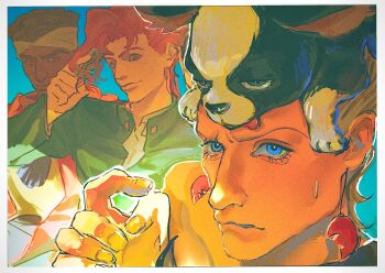 Rule 34 | 3boys, animal, animal on head, asymmetrical bangs, blue background, blue eyes, border, brown eyes, brown hair, comb, dark-skinned male, dark skin, dog, earrings, film grain, gakuran, grey hair, hand up, headband, highres, holding, holding comb, iggy (jojo), jean pierre polnareff, jewelry, jojo no kimyou na bouken, kakyoin noriaki, looking at viewer, male focus, mohammed avdol, multiple boys, on head, parted bangs, red eyes, red hair, school uniform, sketch, smile, stardust crusaders, sweat, tongue, tongue out, uu0000322, white border