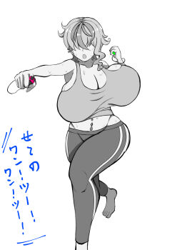1girl bare_shoulders barefoot bouncing_breasts breasts cleavage codeorange162 controller ear_piercing exercising female_focus gyaru hidden_eyes highres holding holding_controller hoshizaki_mika huge_breasts japanese_text joy-con midriff monochrome navel_piercing nintendo_switch open_mouth original pants piercing solo spot_color standing sweat thick_thighs thighs translation_request white_background wide_hips yoga_pants