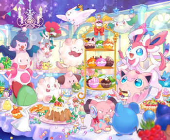 absurdly_detailed_composition blue_eyes candy chandelier chandelure cleffa commentary_request cottonee cup cupcake dedenne eating fangs floette floette_(red_flower) food gen_1_pokemon gen_2_pokemon gen_3_pokemon gen_4_pokemon gen_5_pokemon gen_6_pokemon highres holding holding_spoon indoors jigglypuff loaded_interior marill mime_jr. mr._mime nintendo open_mouth pikachu poke_puff pokemon pokemon_(creature) pouring ralts riding riding_pokemon sakura_shiori sitting smile snubbull sparkle spoon star_(symbol) swirlix sylveon teacup teapot togekiss tongue tongue_out vanillite