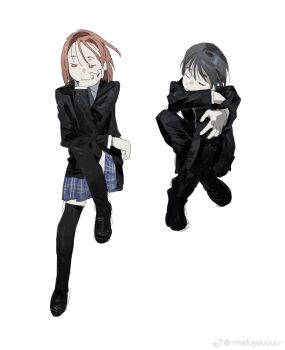 1boy 1girl arima_souichirou arm_pillow black_hair black_jacket black_pants black_shoes black_thighhighs blazer blue_skirt chinese_commentary choppy_bangs closed_eyes closed_mouth collared_shirt commentary_request dot_mouth dot_nose floating_hair full_body half-closed_eyes hand_on_own_cheek hand_on_own_face hand_on_own_knee head_tilt highres indian_style invisible_chair jacket kareshi_kanojo_no_jijou knee_up loafers long_sleeves looking_down ma_fu miniskirt miyazawa_yukino orange_eyes orange_hair pants plaid_clothes plaid_skirt school_uniform shirt shoes short_hair simple_background sitting skirt sleeping thighhighs watermark weibo_watermark white_background white_shirt wing_collar zettai_ryouiki