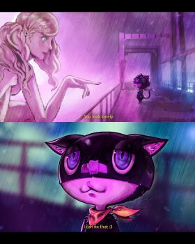1boy 1girl blade_runner_(series) blade_runner_2049 blonde_hair blue_eyes chapinor giant giantess highres hologram long_hair looking_at_another meme morgana_(persona_5) persona persona_5 rain scene_reference subtitled takamaki_anne twintails you_look_lonely_(meme)