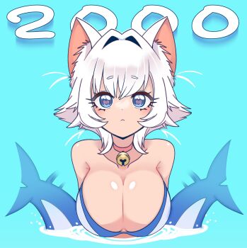 1girl :< absurdres afterimage animal_ear_fluff animal_ears bare_shoulders bell bikini blue_background blue_eyes breasts cat_ears cleavage coat collarbone commentary english_commentary erigo fins fish_tail hair_intakes heart heart_in_eye highres huge_breasts jingle_bell kimi_no_koto_ga_dai_dai_dai_dai_daisuki_na_100-nin_no_kanojo looking_at_viewer milestone_celebration neck_bell nekonari_tama partially_submerged pink_coat short_hair simple_background solo straight-on swimsuit symbol_in_eye tail tail_wagging upper_body water white_hair