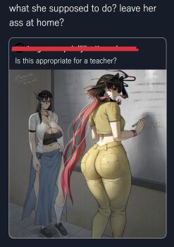 2girls absurdres ass black_eyes black_hair black_panties black_shirt black_shoes blush bra bra_peek breasts brown_eyes cleavage collarbone commentary cowlick crop_top crossed_bangs danilla_sensei_(zaenathi) dated earrings english_commentary english_text floating_earrings full_body grey_skirt groin hair_between_eyes hair_intakes hand_on_own_hip highres holding holding_marker indonesian_high_school_uniform indoors jewelry kneehighs large_breasts long_skirt looking_at_viewer marker meme midriff mole mole_on_breast multicolored_hair multiple_girls navel necklace original panties pants panty_peek parted_lips partially_unbuttoned red_hair renata_(zaenathi) school_uniform shadow shirt shoes short_sleeves side_slit sidelocks signature skirt sneakers socks standing tall_female teacher teacher_and_student tight_clothes tight_pants twitter two-tone_hair underwear watch wear_her_go_to_work_ass?_(meme) white_shirt white_socks whiteboard wristwatch yellow_pants yellow_shirt zaenathi