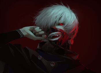 Rule 34 | 1boy, black nails, black sclera, colored sclera, commentary request, fangs, hand up, highres, kaneki ken, looking at viewer, male focus, pale skin, portrait, red background, red eyes, seolnab22, shirt, short hair, smile, solo, teeth, tokyo ghoul, white hair