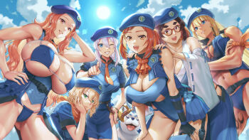 6+girls abs arm_strap arm_up bare_shoulders becky_montanari beret bikini blonde_hair blue_bikini blue_eyes blue_shirt blue_skirt blue_sky bracelet braid breasts brown_eyes brown_hair cecilia_campbell cleavage cloud commentary_request crossed_arms crown_braid debora_rosado detached_sleeves dog elisa_anker eyepatch_bikini frills from_below ge_xi gloves green_eyes grin hamana_akane hand_on_own_cheek hand_on_own_face hand_on_own_hip hands_on_another&#039;s_shoulders hands_on_own_thighs hat highres huge_breasts jewelry large_breasts leaning_forward leg_tattoo lien_ai-chiang long_hair multiple_girls muscular muscular_female necktie one_eye_closed open_mouth orange_eyes orange_hair orange_necktie outdoors parted_lips pink_hair pointing ponytail red-framed_eyewear shirt single_glove skirt sky smile squatting standing strap sun swimsuit tattoo thick_eyebrows underboob wavy_hair wide_sleeves witches_in_7th_base