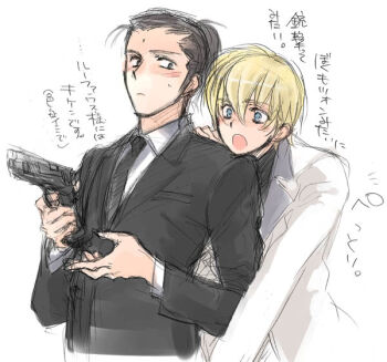 2boys alternate_hairstyle bad_id bindi black_hair black_suit blonde_hair blue_eyes blush coat collared_shirt commentary_request cropped_torso dated_commentary final_fantasy final_fantasy_vii final_fantasy_vii:_advent_children formal_clothes gun hand_on_another's_shoulder handgun hands_up holding holding_gun holding_weapon jacket leaning_forward leaning_on_person looking_back male_focus multiple_boys open_mouth ponytail rufus_shinra shirt suit suit_jacket sweatdrop toujou_sakana translation_request tseng turks_(ff7) upper_body weapon white_background white_coat white_shirt wing_collar yaoi