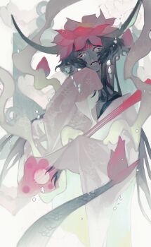 1other absurdres aqua_hair biting_own_lip black_sclera bubble cloak closed_mouth colored_eyelashes colored_sclera cookie_run cookie_run:_ovenbreak cowboy_shot curled_horns downturned_eyes earrings extra_eyes eyeshadow facial_mark fangs film_grain floating_clothes flower flower_as_hat forehead_mark furisode_sleeves glowing_markings hagoromo hand_on_own_chin hand_up highres holding holding_instrument horns humanization instrument jewelry la_bo_chu_shi lipstick_mark_on_cheek long_hair long_horns looking_down lotus lotus_dragon_cookie makeup monster monsterification other_focus over_shoulder pink_flower red_eyeshadow scales shawl sidelocks solo spot_color tail tall triangle triangle_facial_mark very_long_fingernails very_long_hair white_cloak white_eyelashes white_eyes wolf_cut