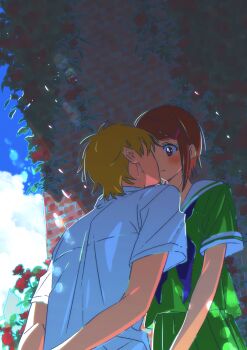 Rule 34 | 1boy, 1girl, absurdres, blonde hair, blush, brown eyes, brown hair, couple, digimon, digimon adventure 02, green shirt, green skirt, hetero, highres, ojing oppa (o b s 00), outdoors, shirt, short hair, skirt, takaishi takeru, upper body, white shirt, yagami hikari
