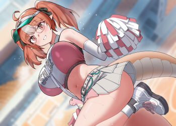 1girl absurdres ahoge arknights breasts cheerleader chinese_commentary commentary_request dishui_tangni elbow_gloves glasses gloves highres holding holding_pom_poms large_breasts long_hair midriff multicolored_hair multicolored_sports_bra navel official_alternate_costume orange_eyes orange_hair pleated_skirt pointy_ears pom_pom_(cheerleading) pom_poms skirt smile snake_girl snake_tail solo standing standing_on_one_leg tail twintails two-tone_hair visor_cap white_gloves wulfenite_(arknights) wulfenite_(bouncing_rhythms)_(arknights)