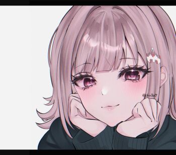 1girl black_jacket blush brown_hair churu_(chu1e0) danganronpa_(series) danganronpa_2:_goodbye_despair hair_intakes hair_ornament hands_up highres jacket long_sleeves looking_at_viewer medium_hair nanami_chiaki pink_eyes simple_background smile solo white_background