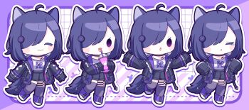 1girl :3 :d :o ahoge animal_ears black_jacket black_shorts black_thighhighs blue_hair blush_stickers border cat_ears cat_girl closed_eyes closed_mouth commentary commission cup disposable_cup drinking_straw full_body grid_background hair_over_one_eye highres holding holding_cup indie_virtual_youtuber jacket long_sleeves miru_urufu multiple_thigh_straps multiple_views nada_namie open_clothes open_jacket open_mouth outside_border pink_background print_shirt purple_border purple_eyes purple_shoes shirt shoes short_hair shorts skeb_commission sleeves_past_fingers sleeves_past_wrists smile solid_oval_eyes standing standing_on_one_leg striped_background tears thigh_strap thighhighs virtual_youtuber white_background white_shirt