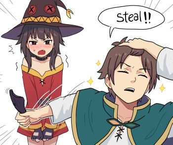1boy 1girl belt blush brown_hair collarbone dress fingerless_gloves gloves hat highres kono_subarashii_sekai_ni_shukufuku_wo! megumin meme naoya_hitting_choso_without_looking_(meme) open_mouth panties red_dress red_eyes satou_kazuma short_hair short_hair_with_long_locks solo underwear watcher_hollow white_background witch_hat