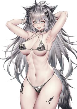 1girl absurdres animal_ears arknights armpits arms_up bikini bracelet breasts breasts_apart cigaros collarbone commentary cowboy_shot grey_tail groin hair_ornament hairclip highleg highleg_bikini highres jewelry lappland_(arknights) large_breasts looking_to_the_side material_growth micro_bikini multi-strapped_bikini_top navel o-ring o-ring_bikini open_mouth oripathy_lesion_(arknights) parallel_hairclips presenting_own_armpit pubic_hair pubic_hair_peek ribs scar scar_across_eye scar_on_face silver_bikini simple_background smile solo stomach swimsuit tail thick_thighs thighs untranslatable_commentary white_background wide_hips wolf_ears wolf_girl wolf_tail