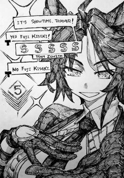 1girl absurdres ahoge animal_ears center_frills center_opening chronozbergh collared_shirt ear_ornament elden_ring elden_ring_nightreign english_text frilled_shirt frills fuji_kiseki_(shooting_star_revue)_(umamusume) fuji_kiseki_(umamusume) gloves hair_between_eyes half-closed_eyes hand_on_own_chest hands_up highres horse_ears jacket long_sleeves looking_at_viewer monochrome multicolored_hair necktie parody reaching reaching_towards_viewer shirt short_hair smile solo traditional_media two-tone_hair umamusume upper_body wing_collar