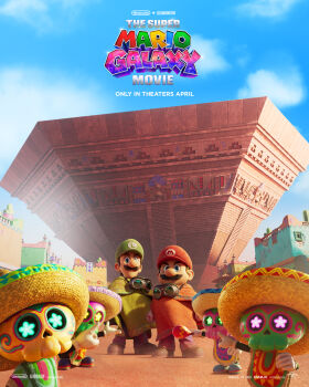 6+boys blue_eyes blue_sky brown_hair brown_shoes cactus cloud commentary english_commentary facial_hair flower-shaped_pupils gloves goggles goggles_around_neck green_hat green_poncho hat highres holding holding_instrument holding_maracas instrument key_visual luigi maracas mario mario_(series) movie_poster multiple_boys mustache nintendo official_art poncho promotional_art pyramid_(structure) red_hat red_poncho shoes short_hair sky sombrero super_mario_odyssey symbol-shaped_pupils the_super_mario_galaxy_movie tostarenan white_gloves