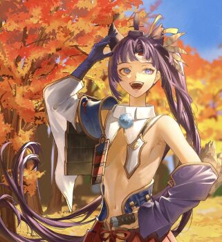 1girl arm_at_side arm_up armor asymmetrical_sleeves autumn_leaves blue_eyes blue_sky blunt_bangs blurry breast_curtains breasts commentary depth_of_field detached_sleeves facing_viewer fate/grand_order fate_(series) feather_hair_ornament feathers gold_trim hair_ornament hat highres holding holding_sword holding_weapon japanese_armor kusazuri leaf linea_alba long_hair looking_to_the_side mismatched_sleeves navel open_mouth outdoors parted_bangs purple_hair purple_sleeves revealing_clothes revision sheath sheathed shoulder_armor side_ponytail single_bare_shoulder single_sode sky small_breasts sode solo sword tate_eboshi teeth tree upper_body ushiwakamaru_(fate) ushiwakamaru_(second_ascension)_(fate) weapon white_sleeves zuraa_(naunau_seijin)