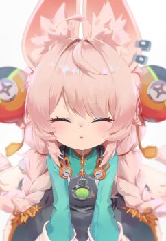 1girl absurdres ahoge animal_ear_fluff animal_ear_piercing animal_ears braid closed_eyes closed_mouth commentary furry furry_female hair_ornament highres long_hair rabbit_ears rabbit_girl shaka_(user_fmwh2232) solo sphere_hair_ornament straight-on thick_eyebrows zenless_zone_zero zhao_(zenless_zone_zero)