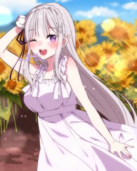 1girl ;d absurdres alternate_costume arm_at_side arm_up bare_arms black_ribbon blue_sky blunt_bangs blurry blurry_background blush braid breasts cloud commentary_request cowboy_shot crown_braid day dirt dress elf emilia_(re:zero) field flower flower_field grey_hair hair_flower hair_ornament hair_ribbon highres large_breasts lens_flare light_particles long_hair looking_at_viewer maria_0422 one_eye_closed open_mouth outdoors pointy_ears purple_eyes re:zero_kara_hajimeru_isekai_seikatsu ribbon signature sky sleeveless sleeveless_dress smile solo standing sundress sunflower sunflower_field teeth twitter_username upper_teeth_only very_long_hair white_dress white_flower yellow_flower