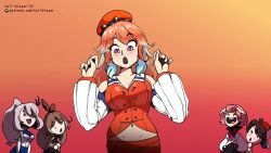 5girls animated backwards_hat baseball_cap black_hair blue_hair bouncing_breasts breast_expansion breasts brown_hair bursting_breasts cleavage clenched_teeth closed_eyes cowboy_shot detached_sleeves female_focus gradient_background hat highres hololive hololive_english hololive_indonesia holotori huge_breasts large_breasts medium_breasts midriff miniskirt multicolored_hair multiple_girls nanashi_mumei navel oozora_subaru open_mouth orange_background orange_hair pavolia_reine pink_hair ponytail purple_eyes purple_hair short_hair simple_background skirt smile standing surprised tagme tail-blazer takanashi_kiara takane_lui teeth trait_connection two-tone_hair video virtual_youtuber