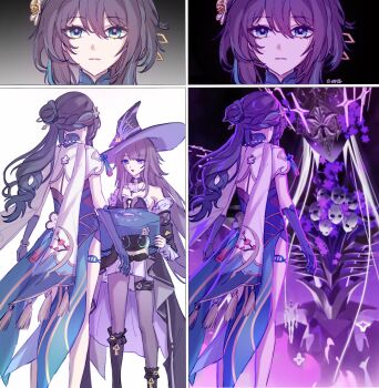 2girls absurdres alternate_form aqua_eyes aqua_gloves aqua_streaks ascot bad_end bead_necklace beads before_and_after black_hair braid brown_hair cake_cat_(honkai:_star_rail) chinese_clothes collar commentary_request detached_sleeves dress expressionless faceless floral_print flower gloves hair_bun hair_flower hair_ornament hat herta_(honkai:_star_rail) highres honkai:_star_rail honkai_(series) irontomb jewelry liuyun_(liuyun73492) looking_at_another multiple_girls necklace purple_flower ribs ruan_mei_(honkai:_star_rail) ruan_mei_(lambda&#039;s_friend)_(honkai:_star_rail) side_braid skull tassel the_herta_(honkai:_star_rail) thigh_strap witch_hat