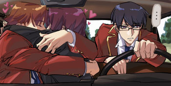 ... 3boys advanced_nurturing_high_school_uniform arms_around_neck arms_around_shoulders ayanokouji_kiyotaka black_hair black_shirt blazer blue_necktie brown_hair car closed_eyes collared_shirt driving glasses hair_between_eyes heart highres horikita_manabu hug jacket kiss long_sleeves male_focus motor_vehicle multiple_boys necktie outdoors parted_lips purple_eyes purple_hair red_jacket ryuuen_kakeru school_uniform shirt short_hair spoken_ellipsis teeth upper_body vehicle_interior white_shirt yaoi yellow_trim yizhongziwei youkoso_jitsuryoku_shijou_shugi_no_kyoushitsu_e