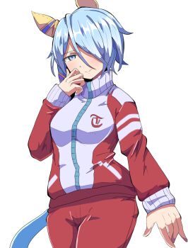 1girl animal_ears blue_eyes blue_hair closed_mouth commentary_request hair_over_one_eye hand_up highres horse_ears horse_girl horse_tail jacket k.s.miracle_(umamusume) long_sleeves looking_at_viewer pants puffy_long_sleeves puffy_sleeves red_jacket red_pants simple_background sleeves_past_wrists smile solo tail takobutter track_jacket track_pants track_suit umamusume white_background