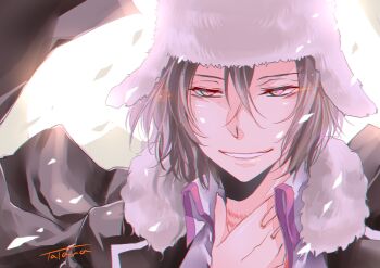 1boy black_coat black_hair blacklightgreen bungou_stray_dogs coat fyodor_dostoyevsky_(bungou_stray_dogs) hair_between_eyes hat highres long_sleeves looking_at_viewer male_focus purple_eyes short_hair smile ushanka