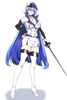 1girl akame_ga_kill! blue_eyes blue_hair boots breasts chest_tattoo choker cleavage esdeath hair_between_eyes hat highres holding holding_sword holding_weapon jeff49062 large_breasts long_hair looking_at_viewer military military_uniform peaked_cap rapier simple_background smile solo sword tattoo thigh_boots thighhighs very_long_hair weapon white_background white_boots