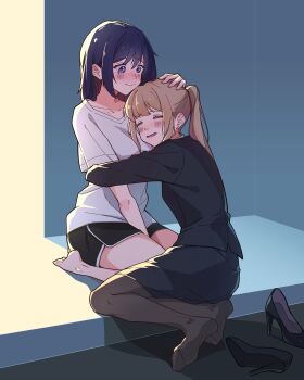 2girls =_= absurdres adachi_sakura adachi_to_shimamura barefoot black_jacket black_pantyhose black_shoes black_shorts black_skirt blue_eyes blue_hair blush brown_hair commentary_request highres hug jacket long_hair medium_hair multiple_girls no_shoes office_lady open_mouth pantyhose ponytail shimamura_hougetsu shirt shoes short_sleeves shorts skirt snow_hawkeye unworn_shoes white_shirt yuri