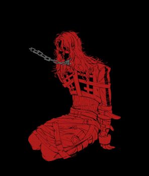 1boy aleph_(reverse:1999) black_background chain chain_leash collar covered_face full_body highres leash long_hair male_focus mask monochrome pants red_theme reverse:1999 seiza shirt sitting solo yama_(yama_7182)