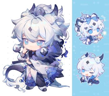 1boy ahoge animal_ear_fluff animal_ears blue_background blue_bow blue_eyes bow cake chibi chinese_clothes closed_mouth dragon_horns dragon_tail food fork full_body grey_hair hair_between_eyes hair_bow hair_ornament hand_fan highres holding holding_fan holding_plate horns leopard_ears leopard_tail long_sleeves looking_at_viewer male_focus multiple_views one_eye_closed open_mouth original plate ponytail qingdanh2o sample_watermark tail watermark white_background white_hair