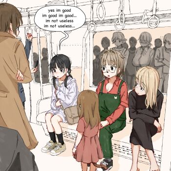 4girls aiu404l ankle_socks artist_self-insert black_eyes black_hair black_socks blonde_hair brown_hair commentary egg_(aiu404l) egg_hair_ornament english_commentary english_text food-themed_hair_ornament glasses hair_ornament highres hood hood_down hoodie low_twintails multiple_girls original people shoes sidelocks sitting sneakers socks speech_bubble train_interior twintails white_hoodie