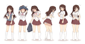 1girl blush bow bowtie breasts brown_hair brown_skirt commentary_request embarrassed flying_sweatdrops full_body grey_vest head_tilt highres idolmaster idolmaster_cinderella_girls kneehighs kuwahara looking_at_viewer looking_down medium_breasts multiple_views no_shoes one_side_up panties pantyshot pink_bow pink_bowtie pleated_skirt school_uniform sequential shimamura_uzuki shirt short_sleeves simple_background skirt socks underwear undressing vest white_background white_panties white_shirt white_socks