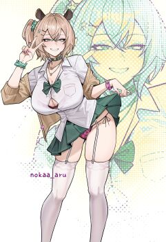 1girl absurdres alternate_costume animal_ears animal_print bow bowtie bra bra_visible_through_clothes breasts bright_pupils brown_cardigan brown_hair button_gap cardigan cardigan_partially_removed choker cleavage clothes_lift commentary commission contrapposto crossed_bangs curvy double-parted_bangs english_commentary eyeliner eyeshadow feet_out_of_frame garter_straps green_bow green_bowtie green_choker green_eyes green_scrunchie green_skirt grin hair_between_eyes hair_ornament hair_scrunchie heart heart_choker heart_o-ring highres indie_virtual_youtuber jewelry large_breasts leopard_print leopard_print_bra leopard_print_panties lifting_own_clothes looking_at_viewer looking_to_the_side loose_bowtie low_side_ponytail makeup mascara miniskirt nail_art narrow_waist necklace nimi_nightmare nokaa_aru o-ring o-ring_choker off_shoulder panties partially_unbuttoned pink_bra pink_nails pink_panties pleated_skirt print_bra print_panties school_uniform screentones scrunchie shirt short_hair side-tie_panties skindentation skirt skirt_lift sleeves_rolled_up smile solo tapir_ears thighhighs thong twitter_username underwear untucked_shirt v virtual_youtuber white_garter_straps white_pupils white_shirt white_thighhighs wide_hips wrist_scrunchie zoom_layer