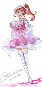 1girl :d anklet bare_shoulders bow bracelet choker commentary commission commissioner_name copyright_notice cropped_shirt elbow_gloves english_commentary floating_hair full_body gloves hair_bow harune_aira highres ike_0910 jewelry layered_skirt long_hair looking_at_viewer midriff necklace open_hand open_mouth pink_bow pink_choker pink_shirt pink_shoes pink_skirt ponytail pretty_rhythm pretty_rhythm_aurora_dream pretty_series red_eyes red_hair shirt shirt_bow shoes sidelocks simple_background skirt smile standing standing_on_one_leg thighhighs white_background white_gloves white_thighhighs zettai_ryouiki