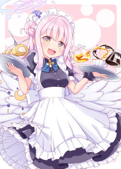 1girl :d alternate_costume apron blue_archive blue_flower breasts brown_eyes cake coffee coffee_pot commentary_request crescent cup enmaided feathered_wings flower food fork frilled_apron frills hair_bun hair_flower hair_ornament halo hands_up harada_(sansei_rain) highres holding holding_tray long_hair looking_at_viewer low_wings maid maid_headdress medium_breasts mika_(blue_archive) open_mouth pink_hair plate side_bun single_hair_bun single_side_bun smile solo swiss_roll tea teapot tray very_long_hair white_apron white_wings wings