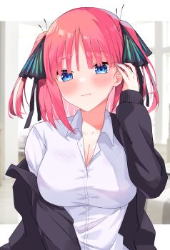 1girl black_jacket black_ribbon blue_eyes blush breasts cleavage closed_mouth collared_shirt dress full_body go-toubun_no_hanayome hair_ribbon highres jacket large_breasts looking_at_viewer medium_hair nakano_nino open_clothes open_jacket pink_hair profnote ribbon shirt solo two_side_up upper_body white_shirt