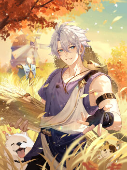 1boy absurdres antenna_hair asymmetrical_sleeves black_gloves blue_eyes blush chinese_commentary commentary_request dog falling_leaves fingerless_gloves gloves grey_shirt hadanugi_dousa highres holding_wheat honkai:_star_rail honkai_(series) leaf looking_at_viewer male_focus neck_tattoo o8622 open_kimono parted_bangs phainon_(a_dream_scented_in_wheat)_(honkai:_star_rail) phainon_(honkai:_star_rail) scarecrow shirt short_hair short_sleeves single_glove single_sleeve sky smile solo sun_symbol sun_tattoo tan tattoo wheat_field white_hair windmill