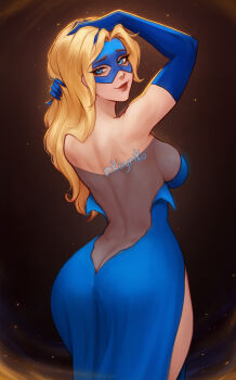 Rule 34 | 1girl, arm on own head, arm up, armpit crease, ass, back, bare shoulders, black background, blonde blazer, blonde hair, blue dress, blue eyes, blue gloves, blue mask, breasts, butt crack, closed mouth, commentary, cowboy shot, curtained hair, dimples of venus, dispatch, domino mask, dress, elbow gloves, english commentary, evening gown, eye mask, eyebrows visible through mask, from behind, gloves, gradient background, hand in own hair, highres, kayav, long hair, looking at viewer, looking back, mask, median furrow, medium breasts, narrow waist, orange background, red lips, see-through clothes, shoulder blades, smile, solo