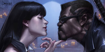 1boy 1girl black_hair blade_(marvel) blade_(series) collar crossover dark-skinned_male dark_skin dhampir hetero highres jeehyung_seo non-web_source pale_skin sunglasses undead vampire vampirella vampirella_(character)