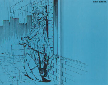 00s 1girl blue_theme chii chobits clamp female_focus from_side highres long_hair monochrome official_art outdoors rain socks solo standing umbrella very_long_hair wet wet_hair