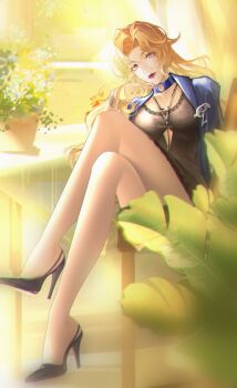 Rule 34 | 1girl, bare legs, black dress, blonde hair, choker, crossed legs, dress, full body, high heels, highres, knees up, long legs, o-ring, o-ring choker, path to nowhere, qianqi, shoes, short dress, sitting, solo, stiletto heels, vautour bleu (path to nowhere)