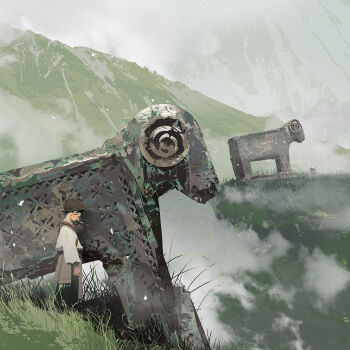 Rule 34 | 1girl, bandana, day, fog, grass, highres, hill, landscape, long sleeves, maojinlee, moss, mountain, original, outdoors, scenery, sheep, shirt, short hair, sideways glance, solo, standing, statue, white shirt