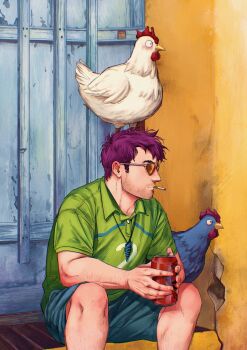 1boy absurdres animal animal_on_head beard_stubble bird blue_chicken blue_shorts chicken cigarette cowboy_shot door facial_hair glasses green_shirt hashtag-only_commentary highres jewelry looking_to_the_side on_head orange-tinted_eyewear outdoors pedro_renji pendant purple_hair shane_(stardew_valley) shirt short_hair shorts sitting solo stardew_valley stubble tinted_eyewear white-framed_eyewear