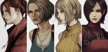 4girls absurdres ada_wong ashley_graham black_hair blonde_hair blood blood_on_face blue_tank_top breasts brown_hair claire_redfield ericson_blum harness highres jacket jewelry jill_valentine long_hair medium_breasts multiple_girls necklace orange_sweater parted_bangs ponytail portrait red_jacket red_sweater resident_evil short_hair sleeveless sleeveless_turtleneck sweater tank_top turtleneck turtleneck_sweater white_background white_tank_top