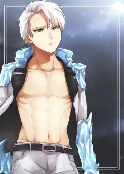 1046sstep_btoh 1boy belt black_belt bleach bleach:_sennen_kessen-hen coat collarbone commentary_request epaulettes frown green_eyes hip_bones hitsugaya_toushirou hitsugaya_toushirou_(adult) ice male_focus navel no_shirt open_clothes open_coat pants solo upper_body white_hair white_pants
