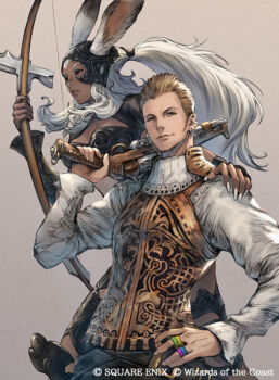 1boy 1girl animal_ears balflear bow_(weapon) commentary copyright_name dark-skinned_female dark_skin ears_through_headwear final_fantasy final_fantasy_xii fingernails fran_(ff12) gun helmet jewelry long_fingernails looking_at_viewer looking_to_the_side magic:_the_gathering makimura_shunsuke multiple_rings official_art parted_lips rabbit_ears ring smile viera weapon white_hair